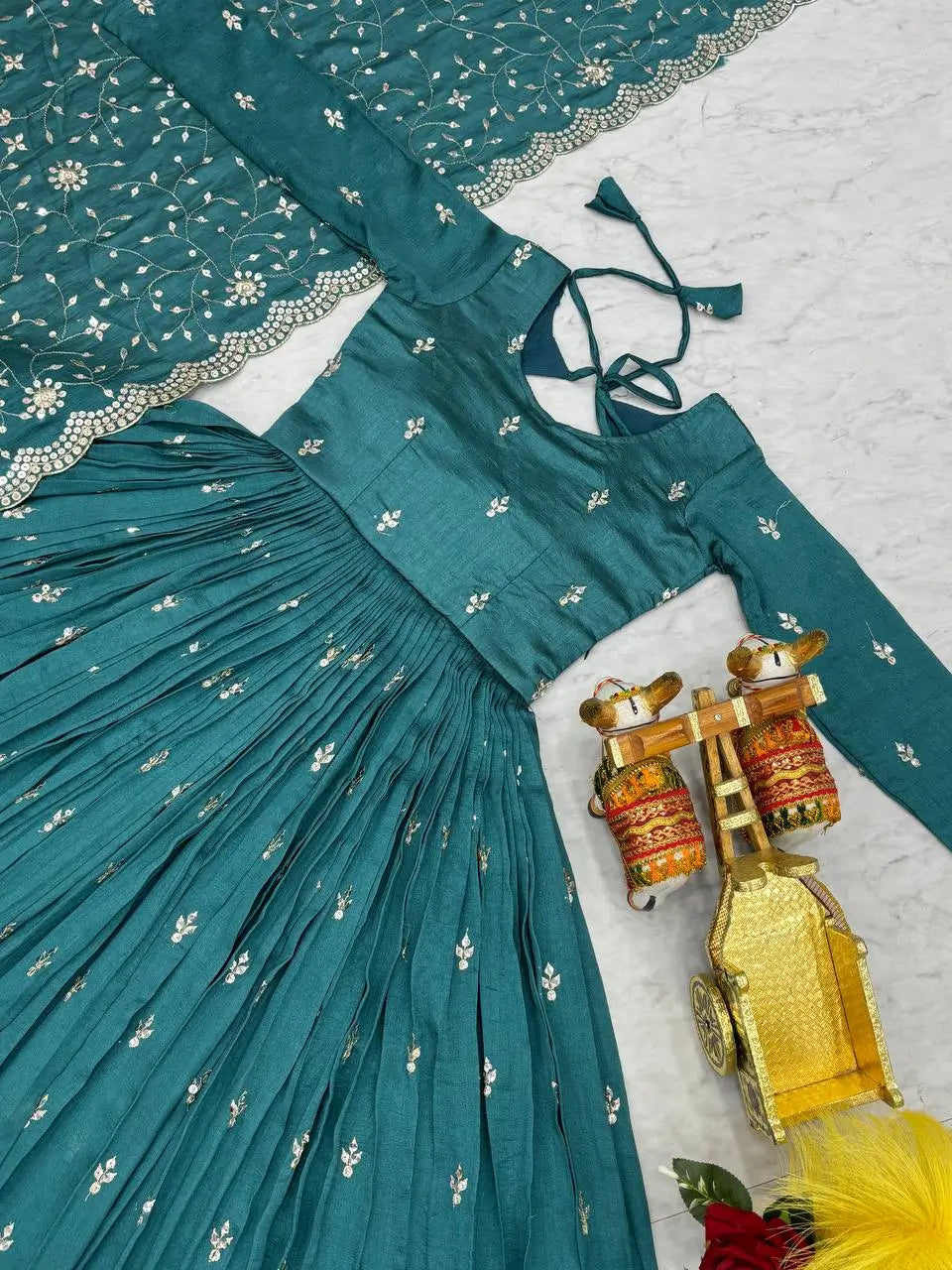 Embroidered Vichitra Silk Flair Gown Set