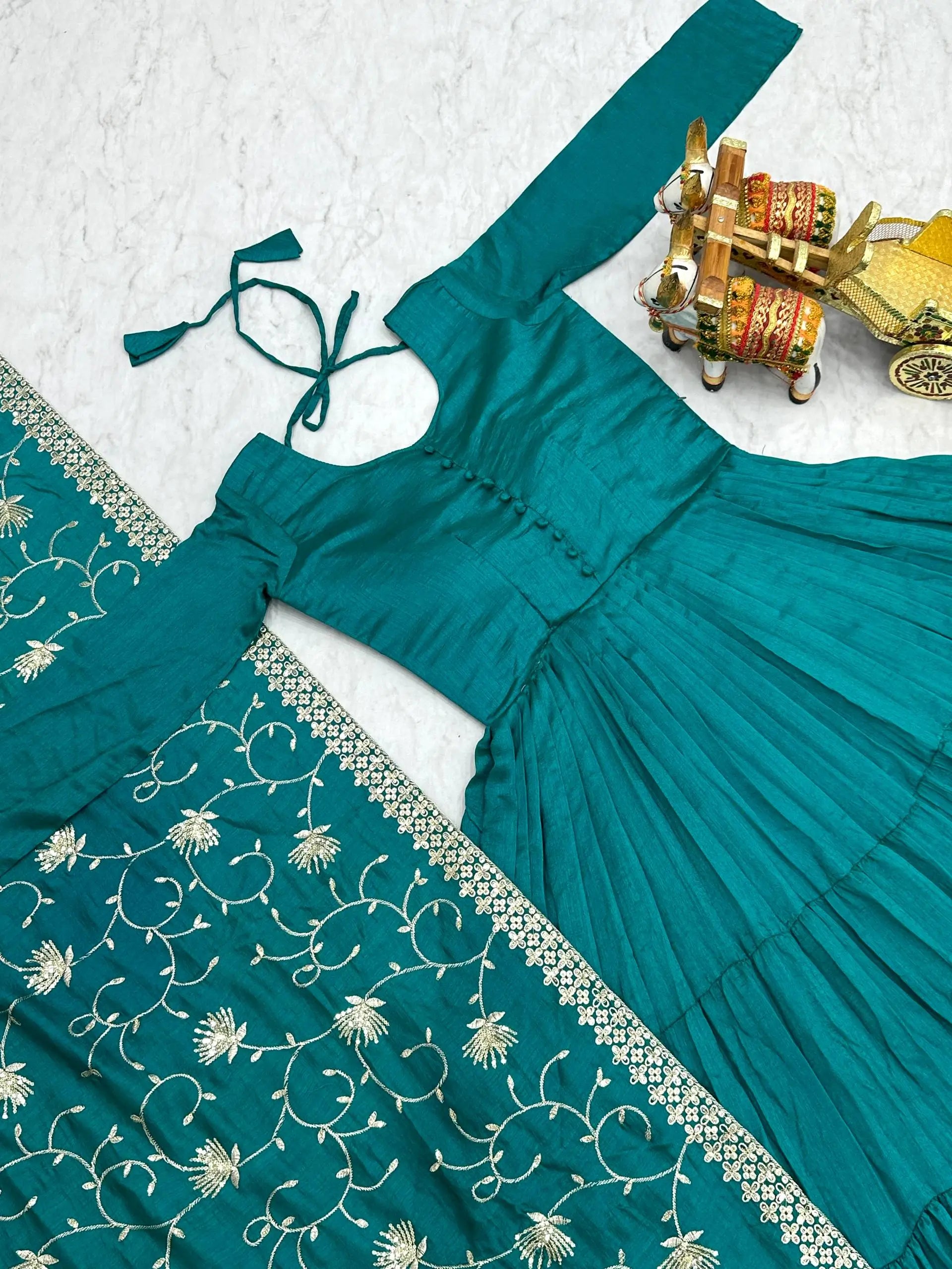Embroidered Vichitra Silk Flair Gown Set