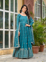 Embroidered Vichitra Silk Flair Gown Set