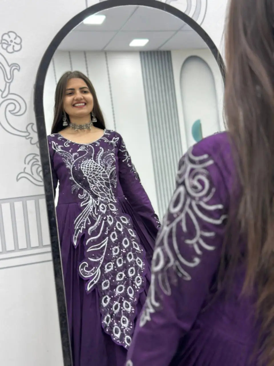 Embroidered Vichitra Silk Flared Gown for Festive and Party Wear