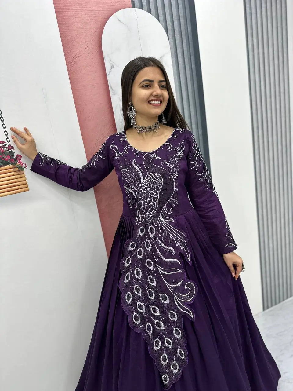 Embroidered Vichitra Silk Flared Gown for Festive and Party Wear
