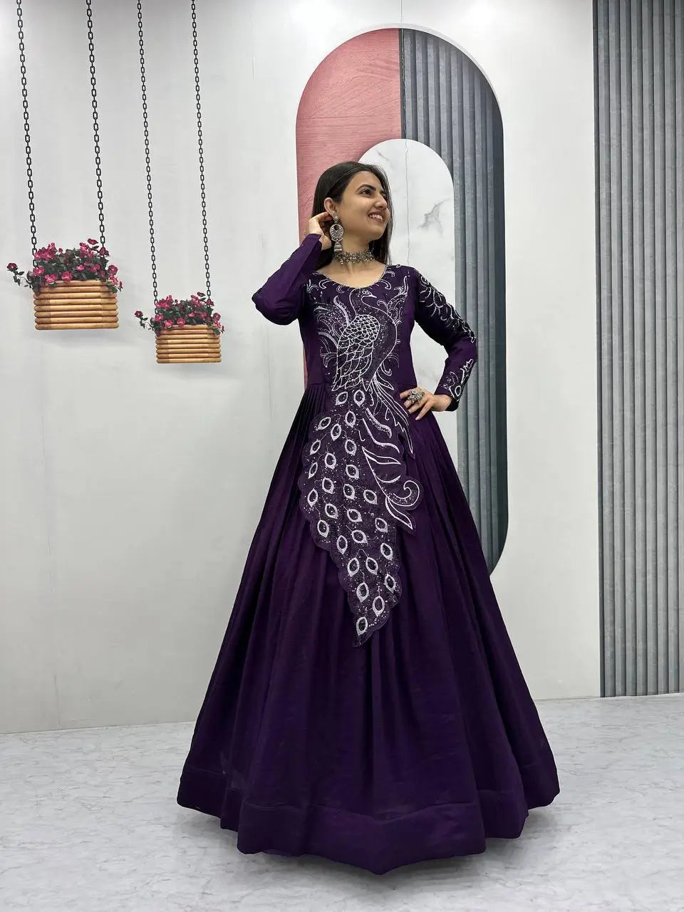Embroidered Vichitra Silk Flared Gown for Festive and Party Wear