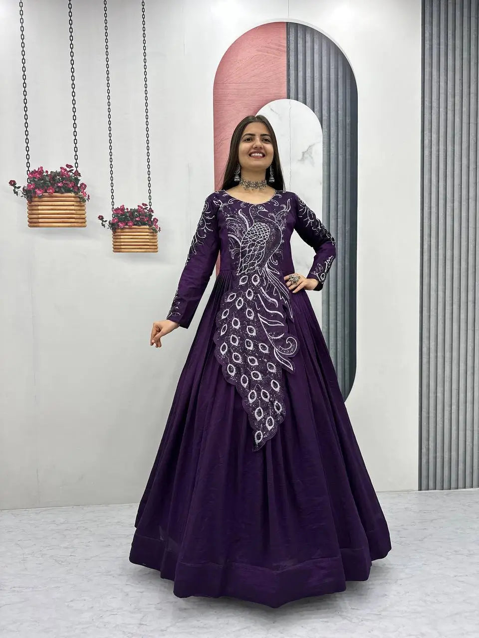 Embroidered Vichitra Silk Flared Gown for Festive and Party Wear