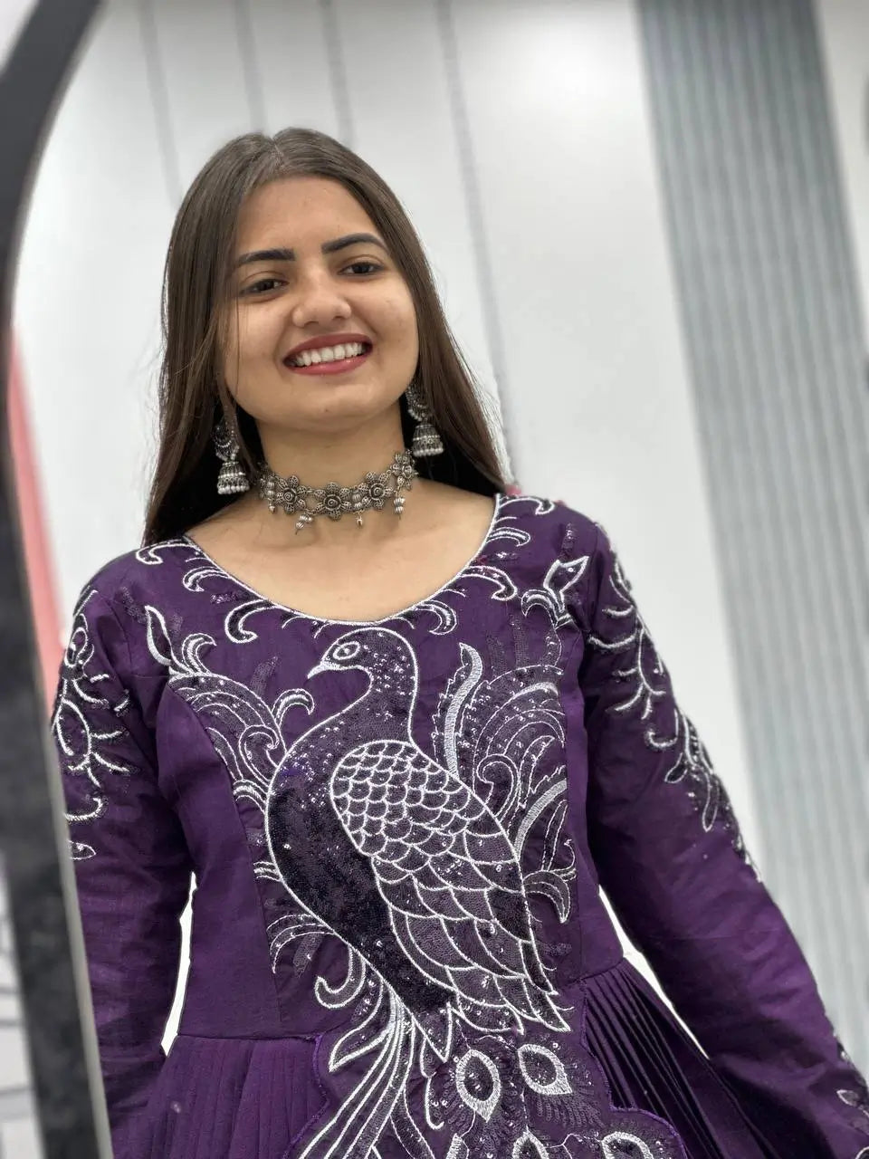Embroidered Vichitra Silk Flared Gown for Festive and Party Wear