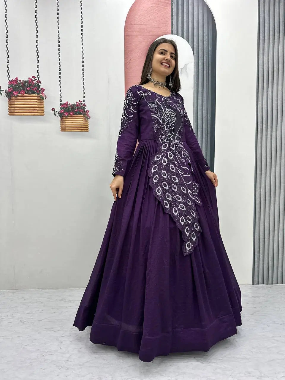Embroidered Vichitra Silk Flared Gown for Festive and Party Wear