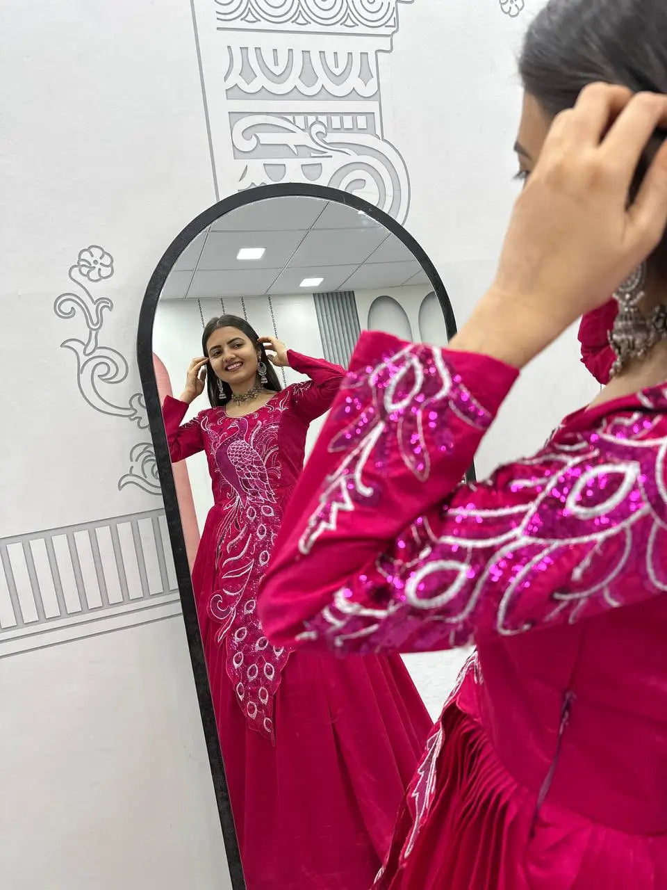 Embroidered Vichitra Silk Flared Gown for Festive and Party Wear
