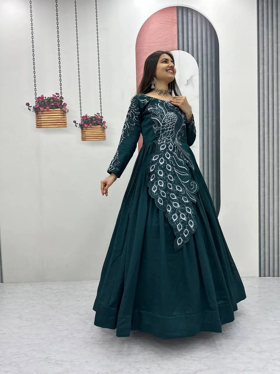 Embroidered Vichitra Silk Flared Gown for Festive and Party Wear