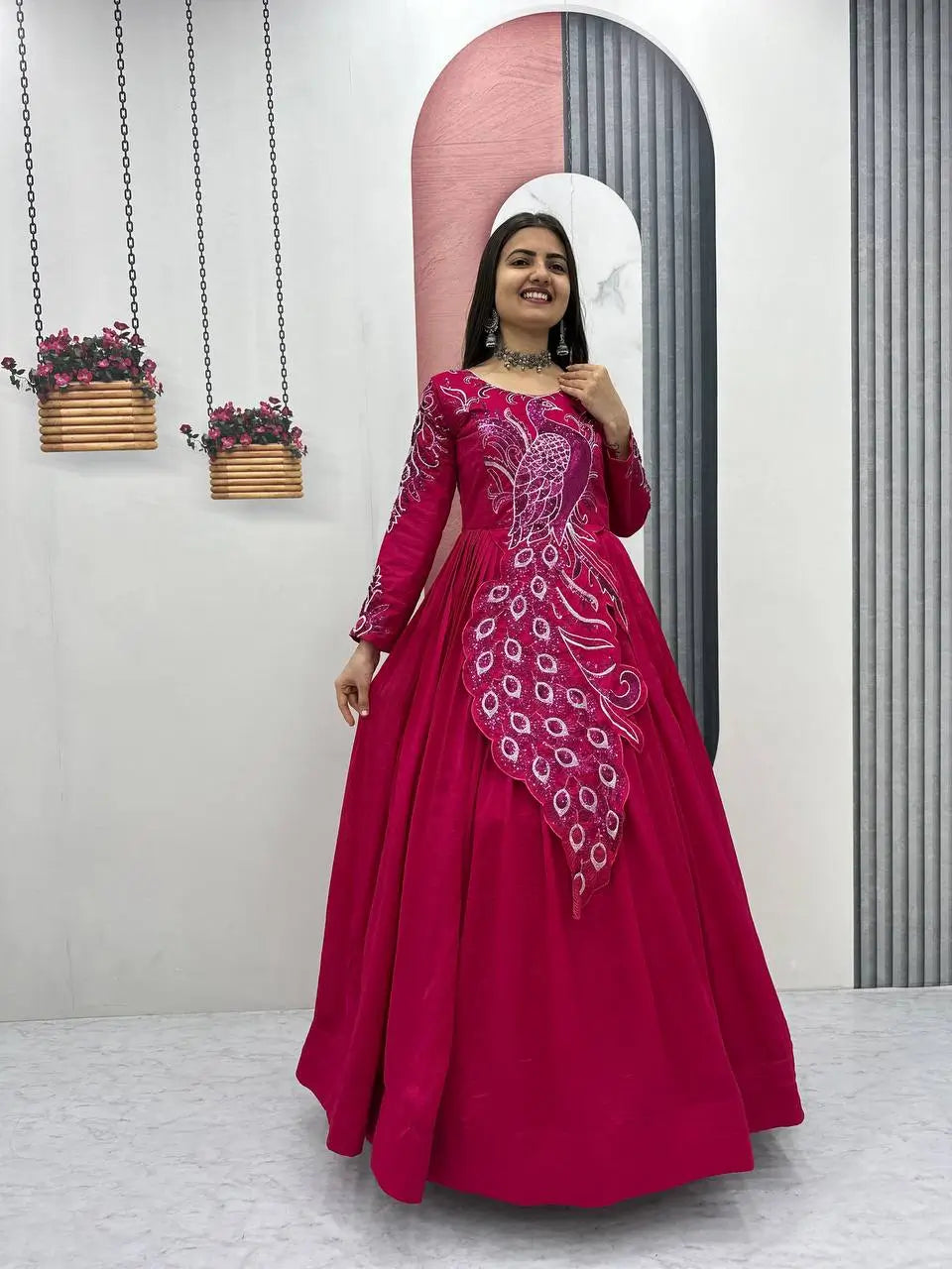 Embroidered Vichitra Silk Flared Gown for Festive and Party Wear