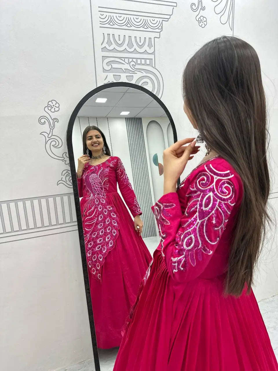 Embroidered Vichitra Silk Flared Gown for Festive and Party Wear