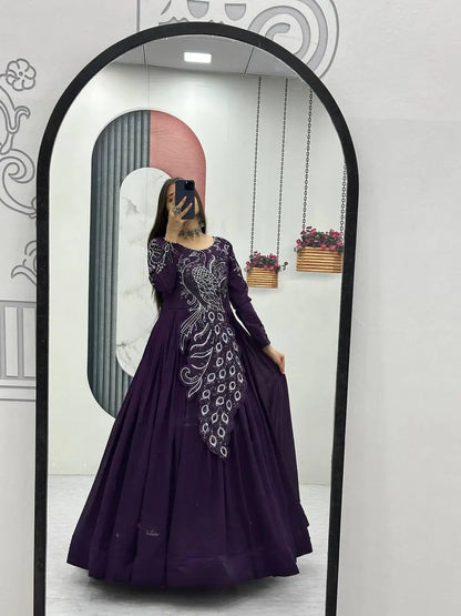 Embroidered Vichitra Silk Flared Gown for Festive and Party Wear