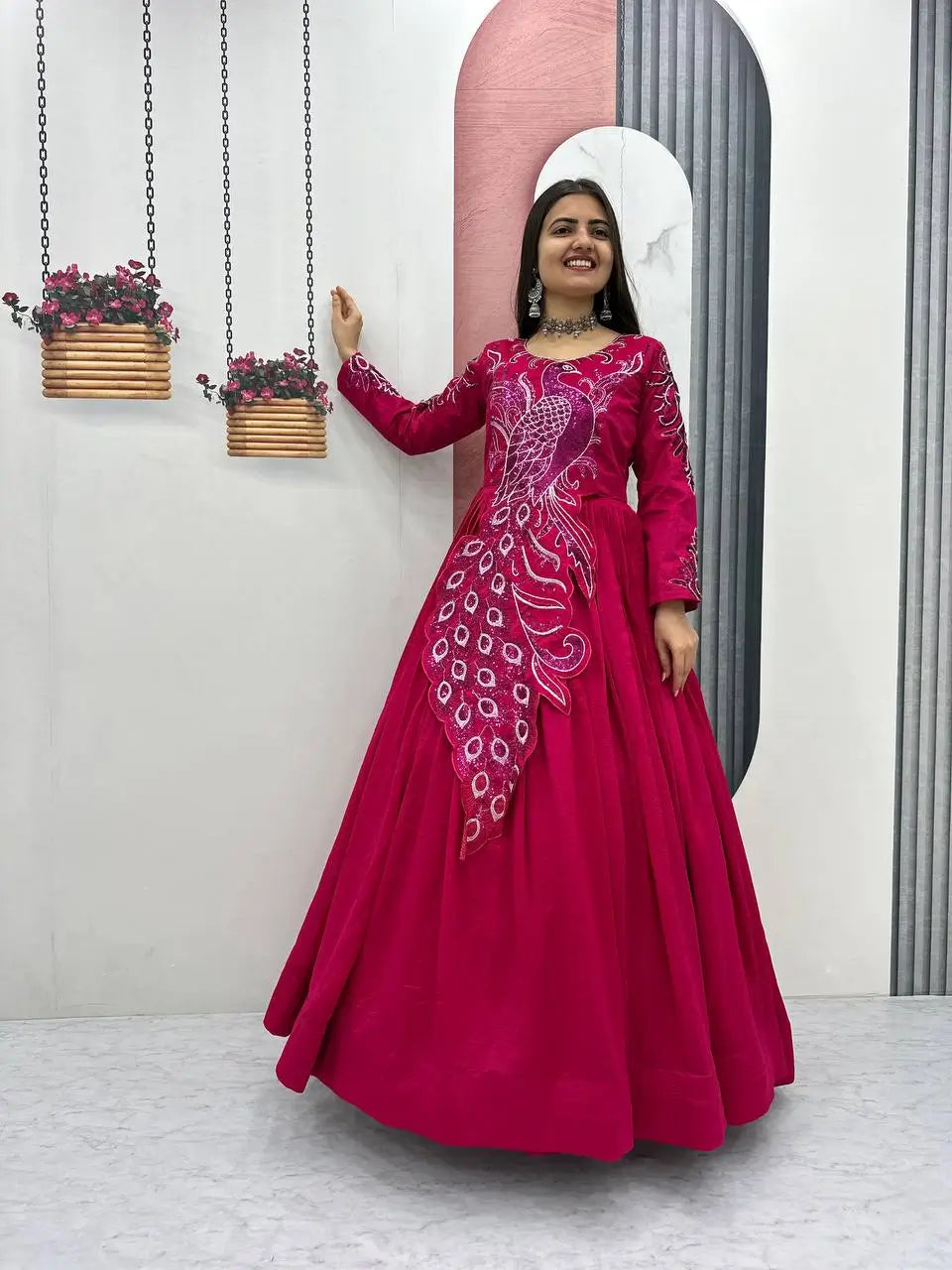 Embroidered Vichitra Silk Flared Gown for Festive and Party Wear