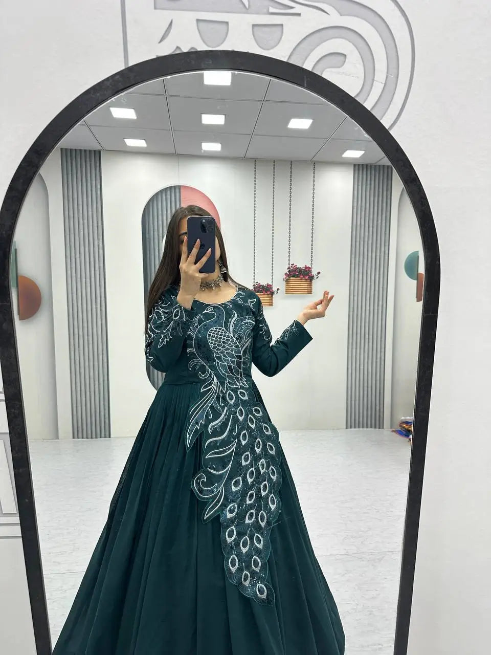 Embroidered Vichitra Silk Flared Gown for Festive and Party Wear