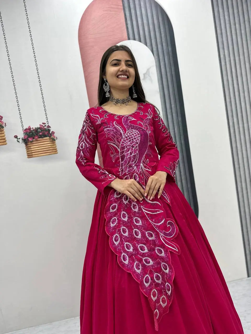Embroidered Vichitra Silk Flared Gown for Festive and Party Wear