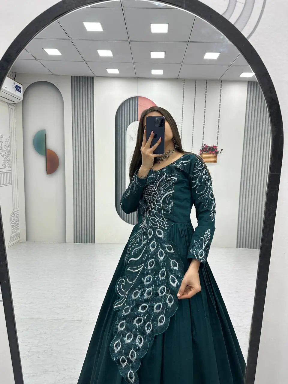 Embroidered Vichitra Silk Flared Gown for Festive and Party Wear