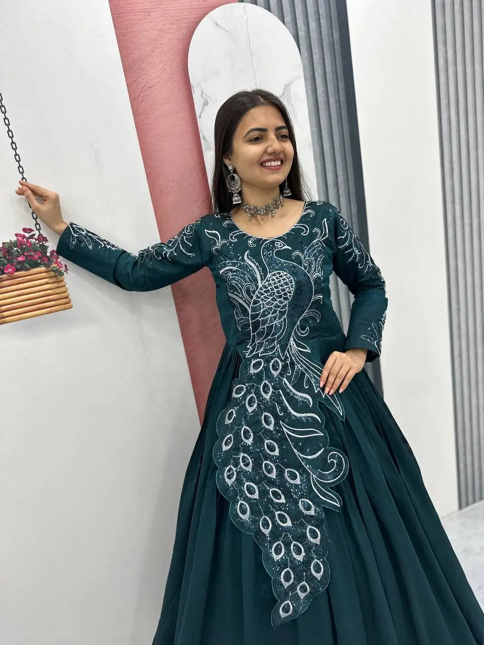 Embroidered Vichitra Silk Flared Gown for Festive and Party Wear