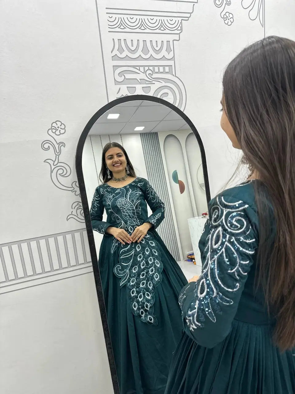 Embroidered Vichitra Silk Flared Gown for Festive and Party Wear