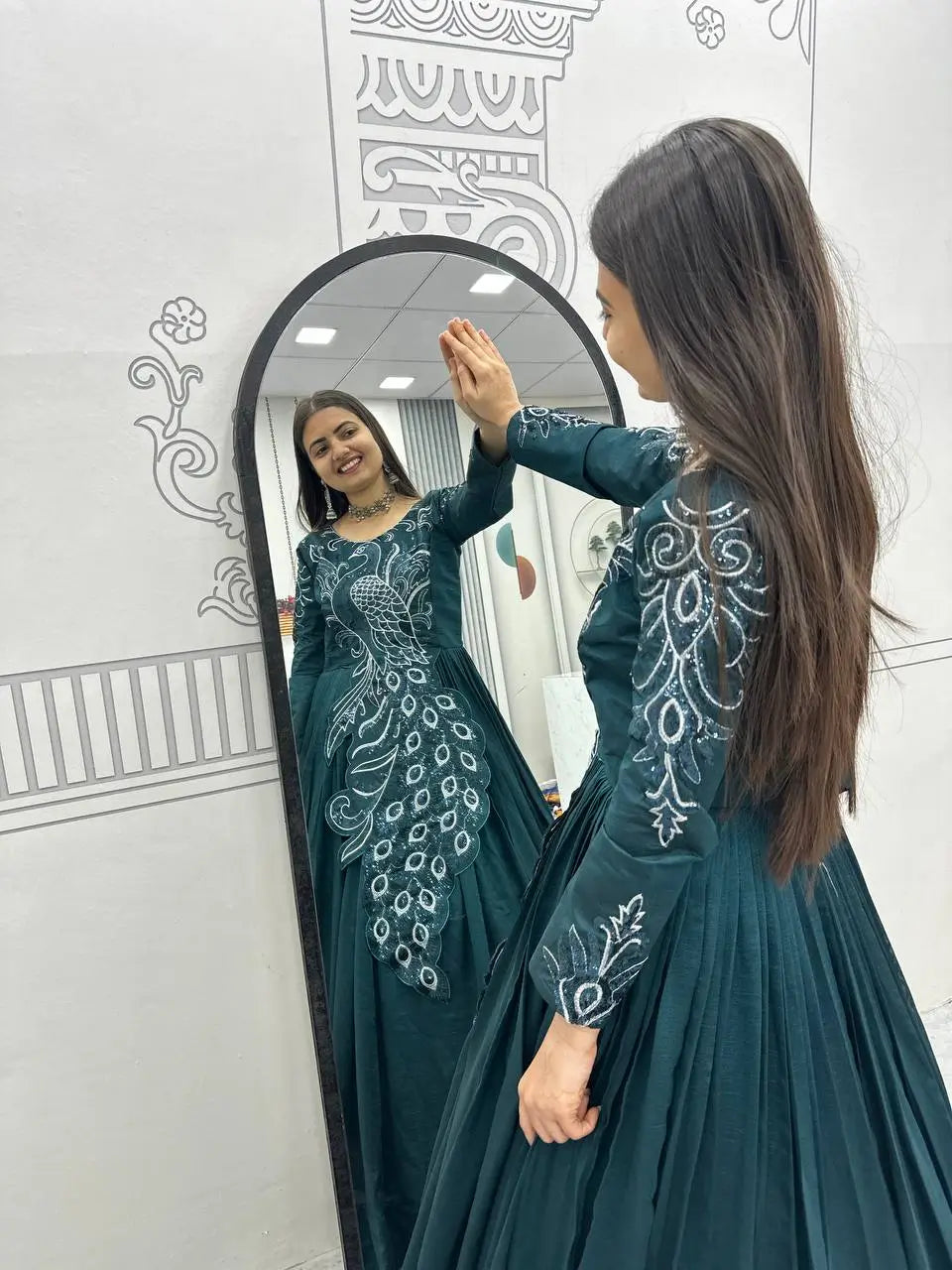 Embroidered Vichitra Silk Flared Gown for Festive and Party Wear