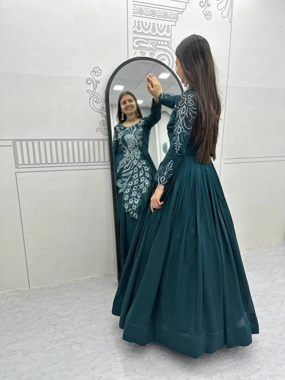 Embroidered Vichitra Silk Flared Gown for Festive and Party Wear
