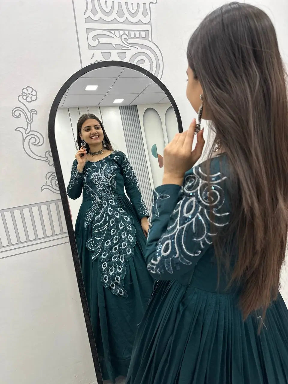 Embroidered Vichitra Silk Flared Gown for Festive and Party Wear