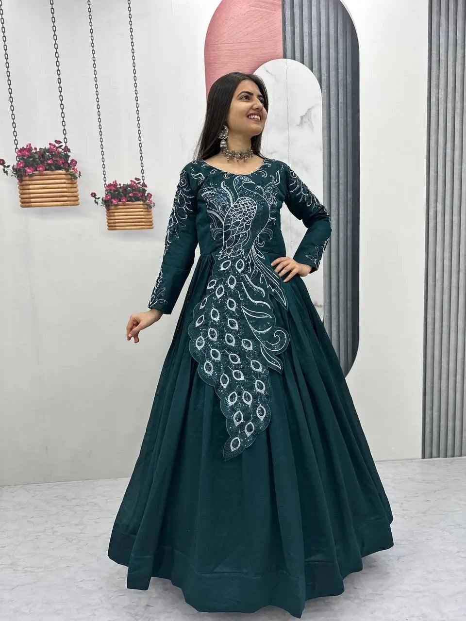 Embroidered Vichitra Silk Flared Gown for Festive and Party Wear