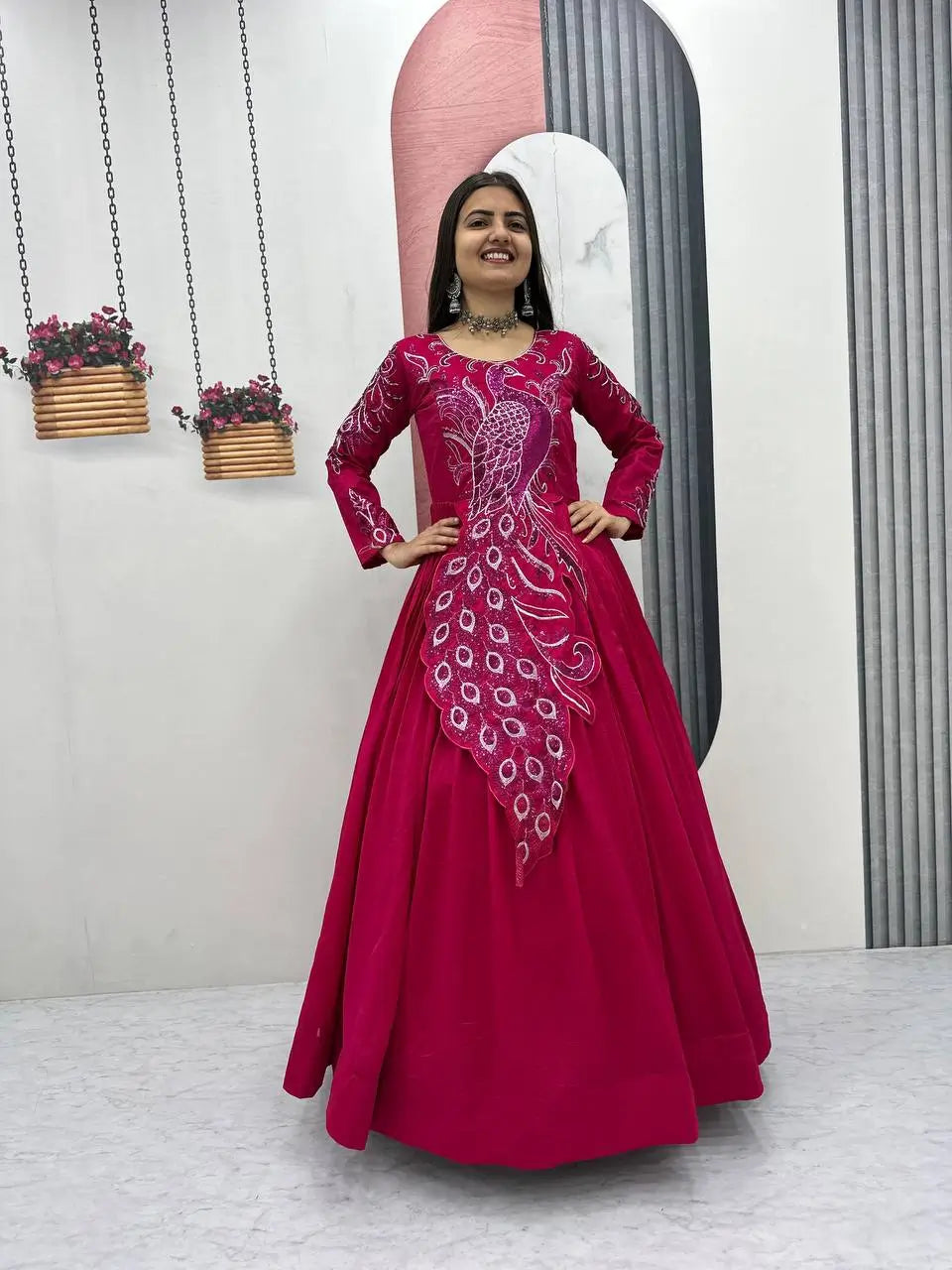 Embroidered Vichitra Silk Flared Gown for Festive and Party Wear
