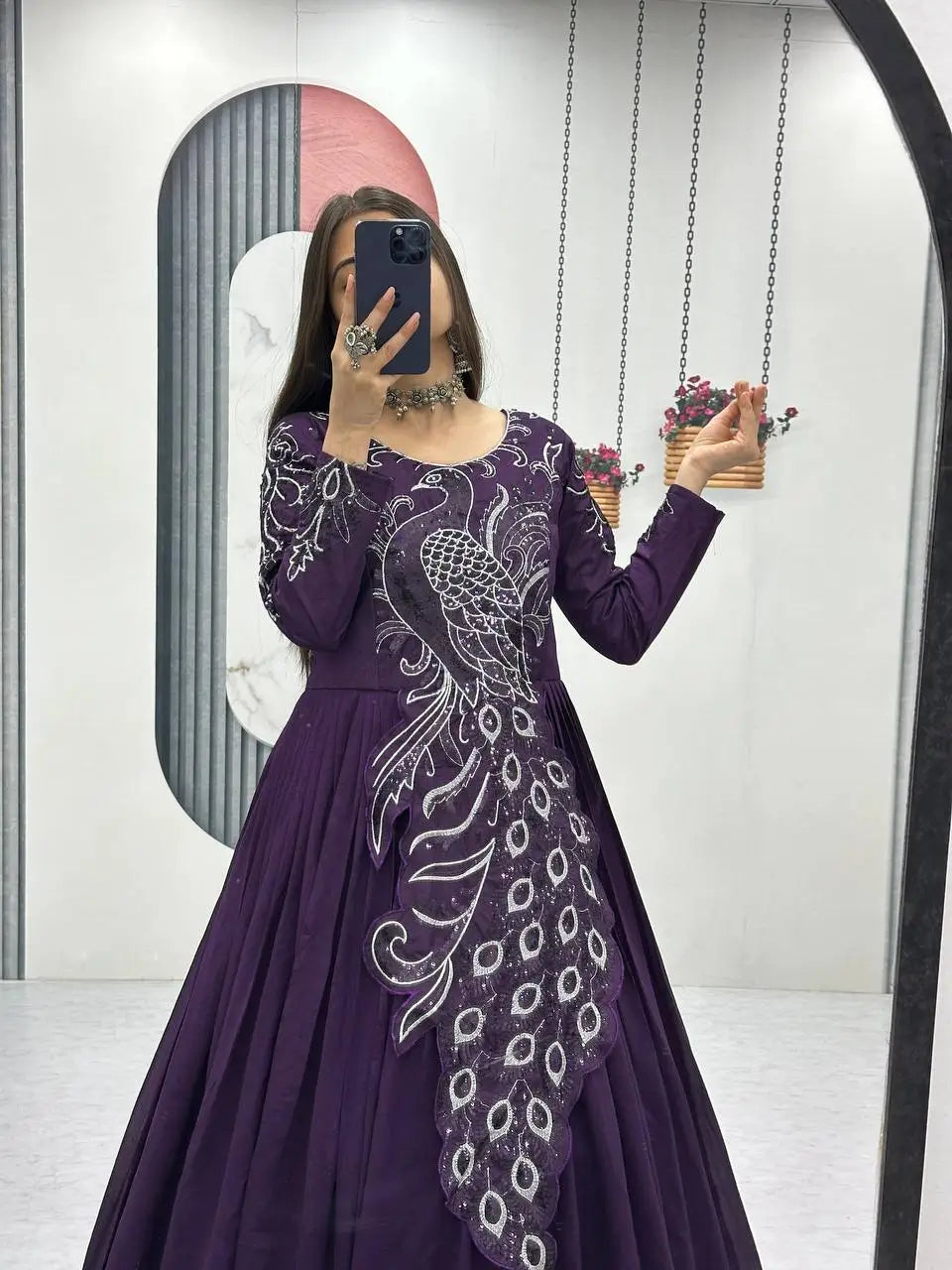 Embroidered Vichitra Silk Flared Gown for Festive and Party Wear