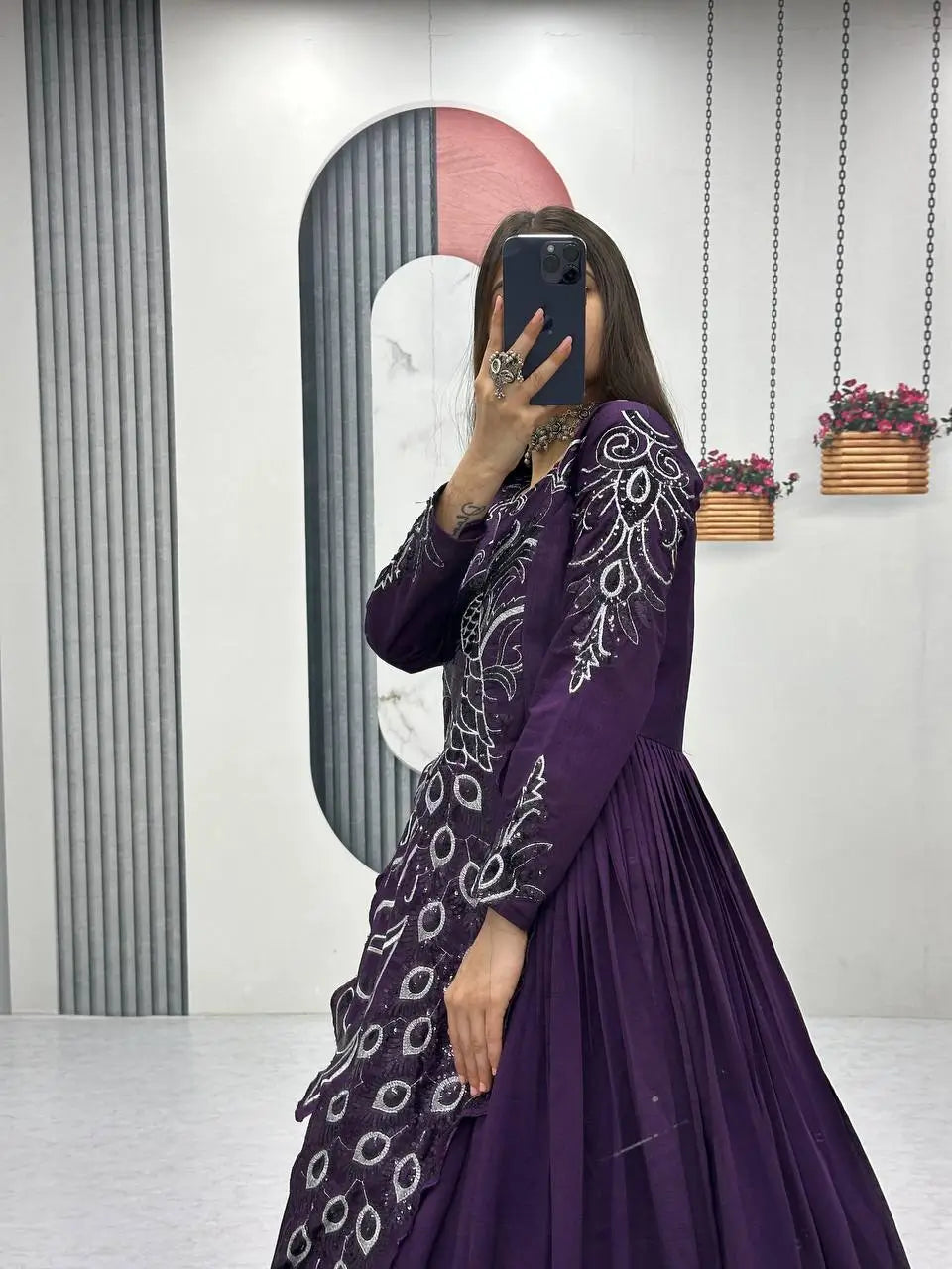 Embroidered Vichitra Silk Flared Gown for Festive and Party Wear