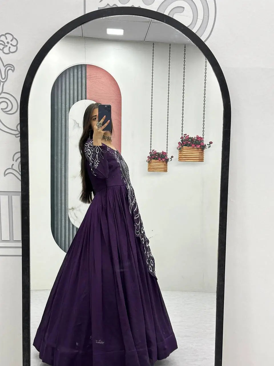 Embroidered Vichitra Silk Flared Gown for Festive and Party Wear