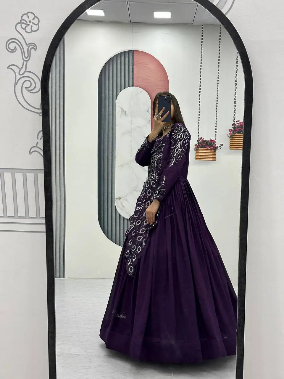 Embroidered Vichitra Silk Flared Gown for Festive and Party Wear