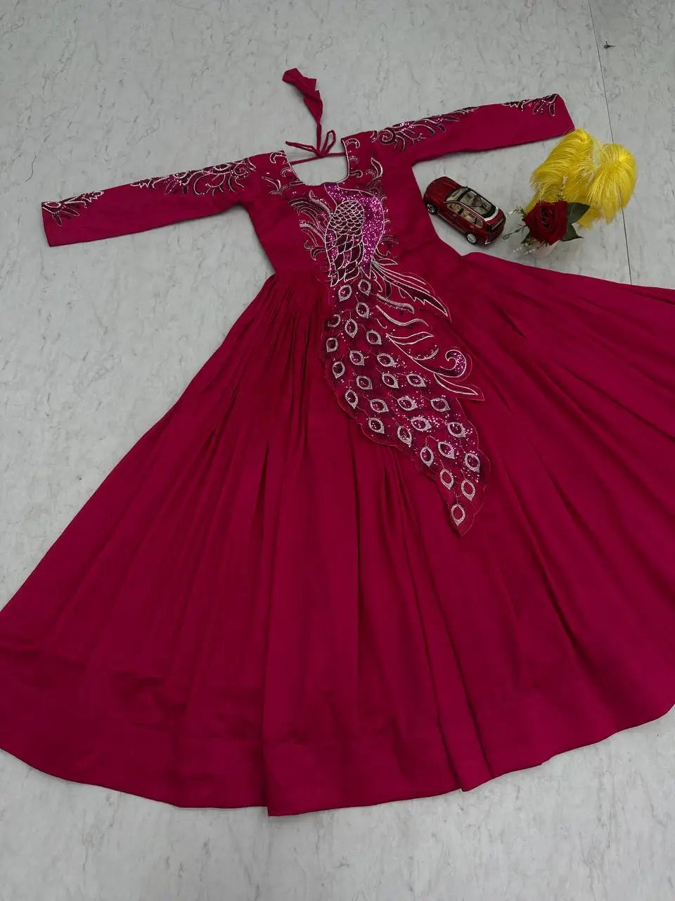 Embroidered Vichitra Silk Flared Gown for Festive and Party Wear
