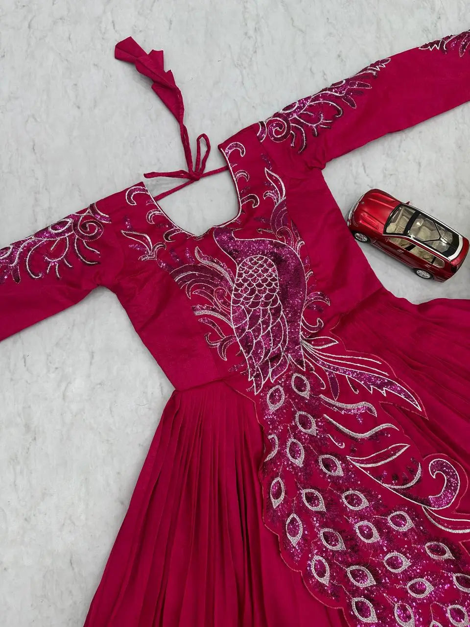 Embroidered Vichitra Silk Flared Gown for Festive and Party Wear