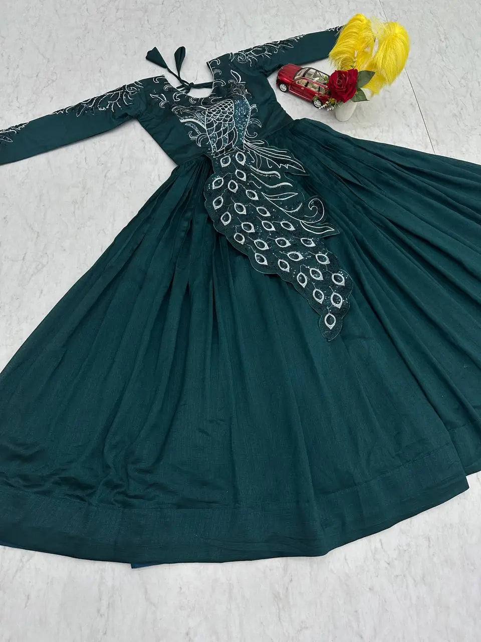 Embroidered Vichitra Silk Flared Gown for Festive and Party Wear