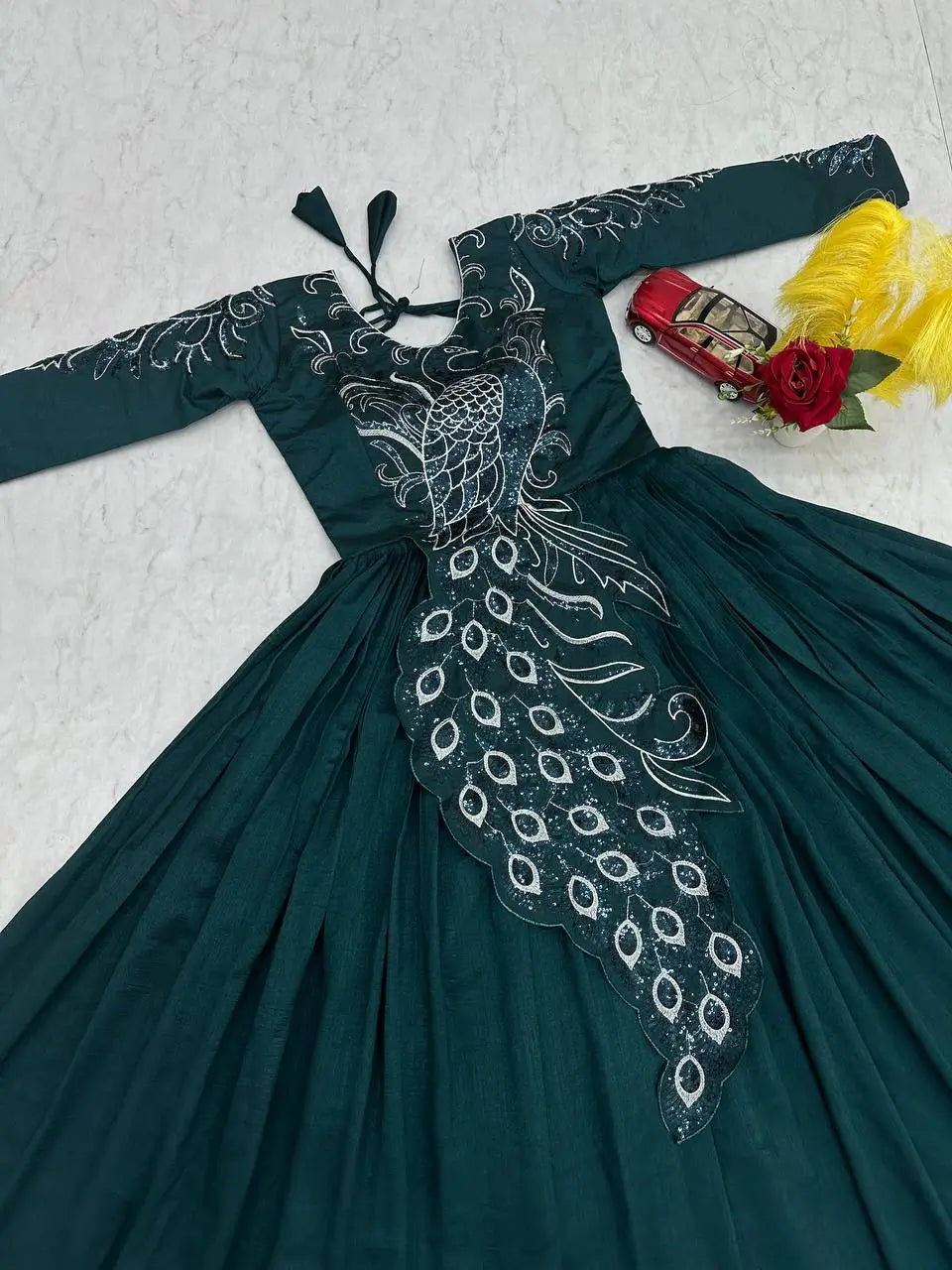 Embroidered Vichitra Silk Flared Gown for Festive and Party Wear