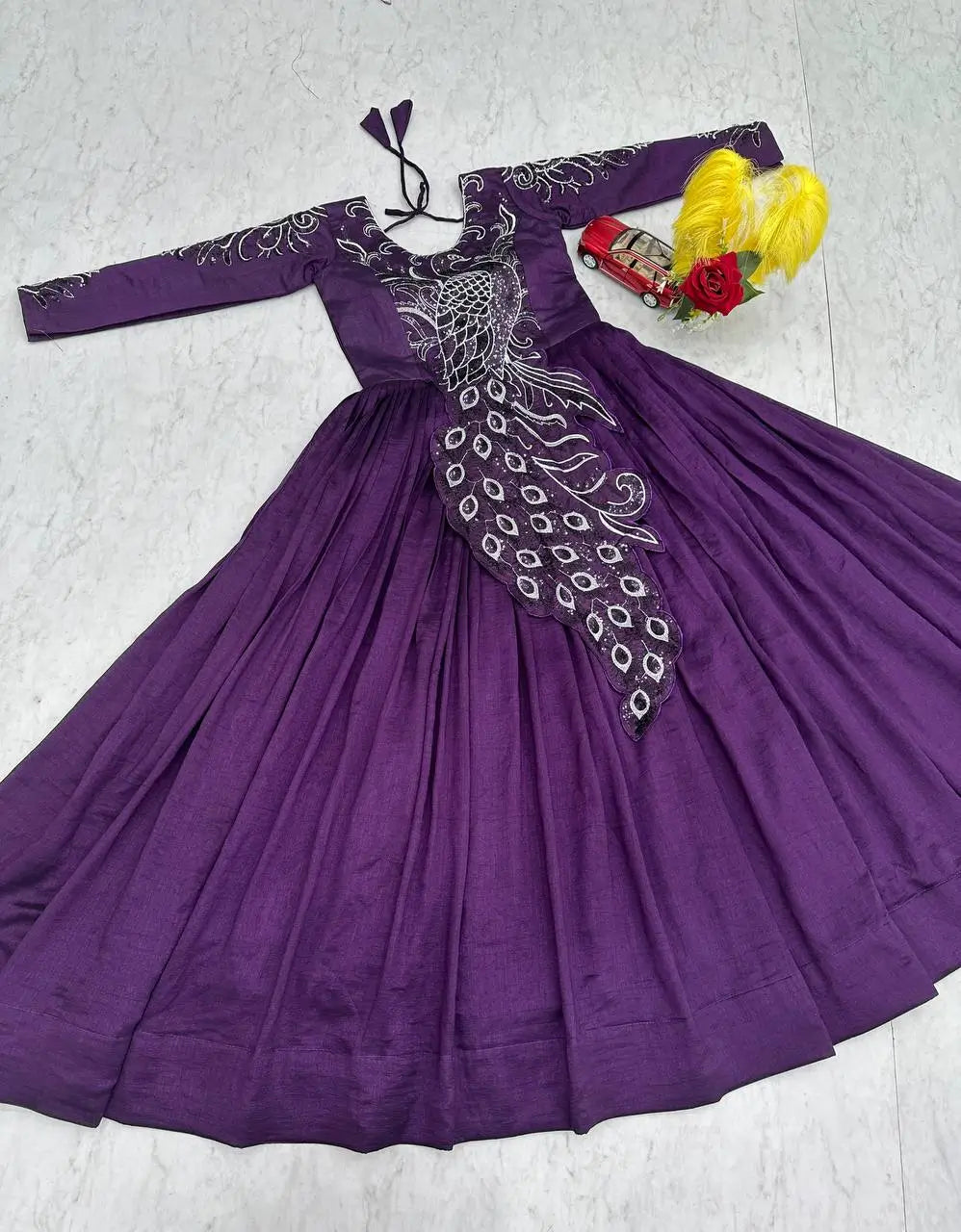 Embroidered Vichitra Silk Flared Gown for Festive and Party Wear
