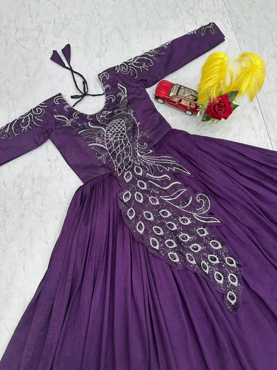 Embroidered Vichitra Silk Flared Gown for Festive and Party Wear
