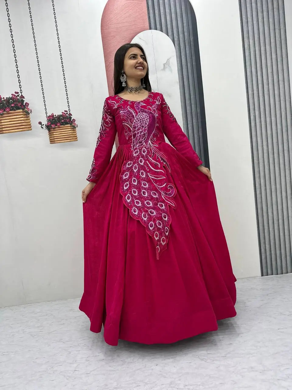 Embroidered Vichitra Silk Flared Gown for Festive and Party Wear