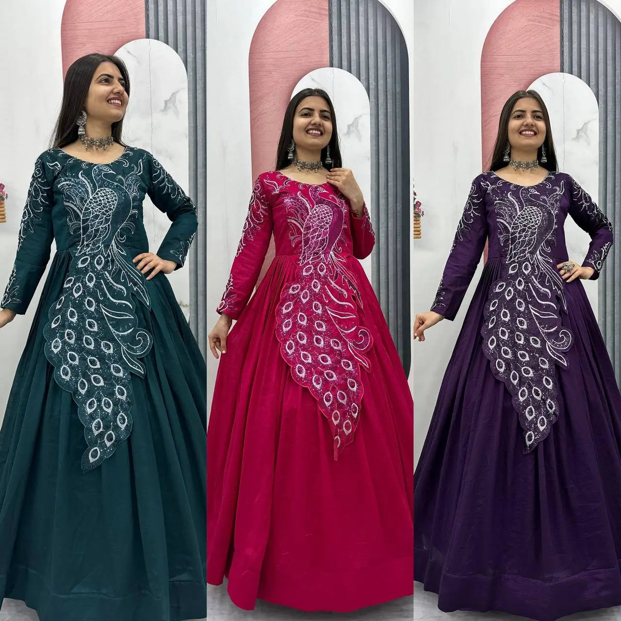 Embroidered Vichitra Silk Flared Gown for Festive and Party Wear