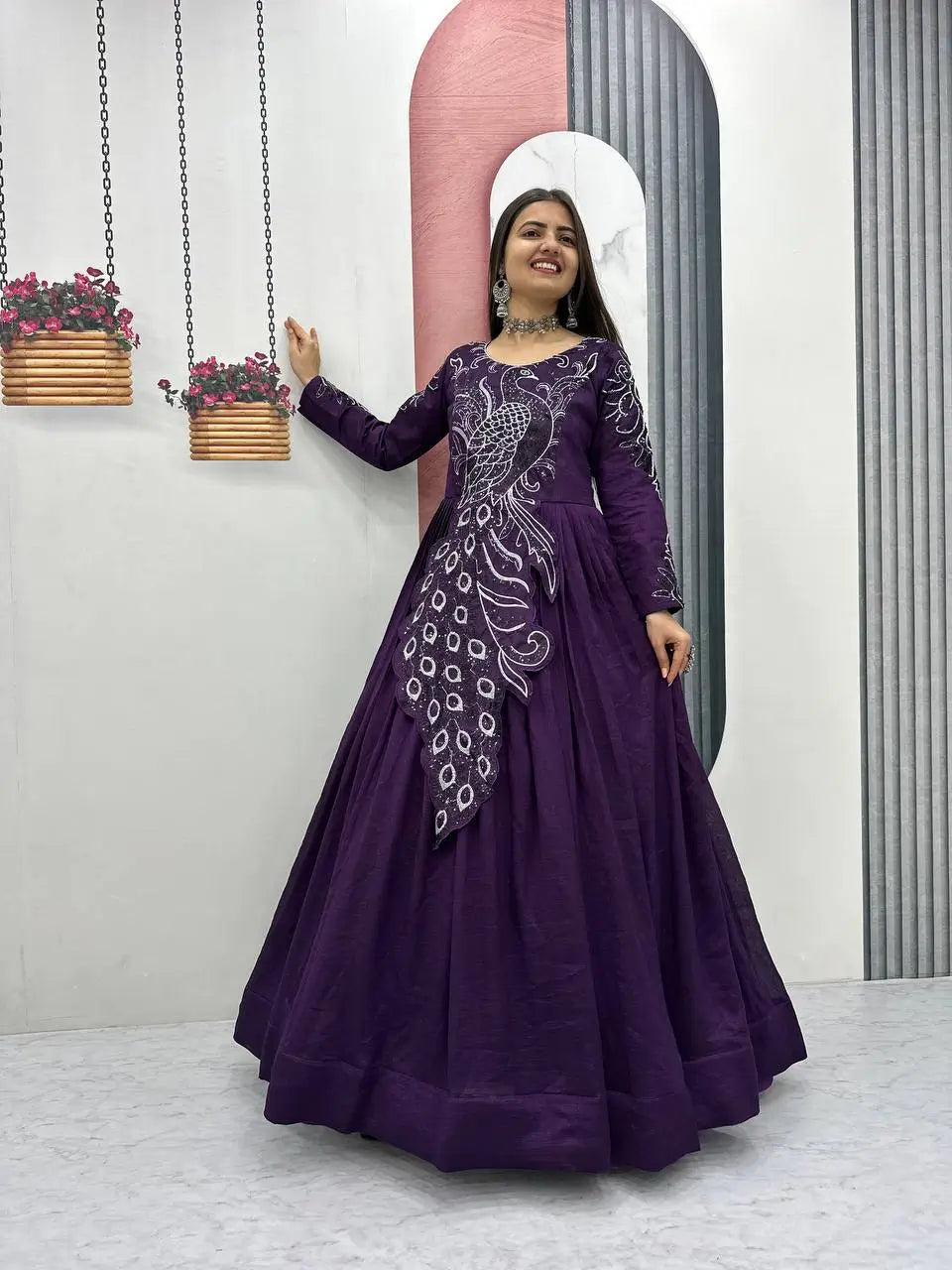 Embroidered Vichitra Silk Flared Gown for Festive and Party Wear