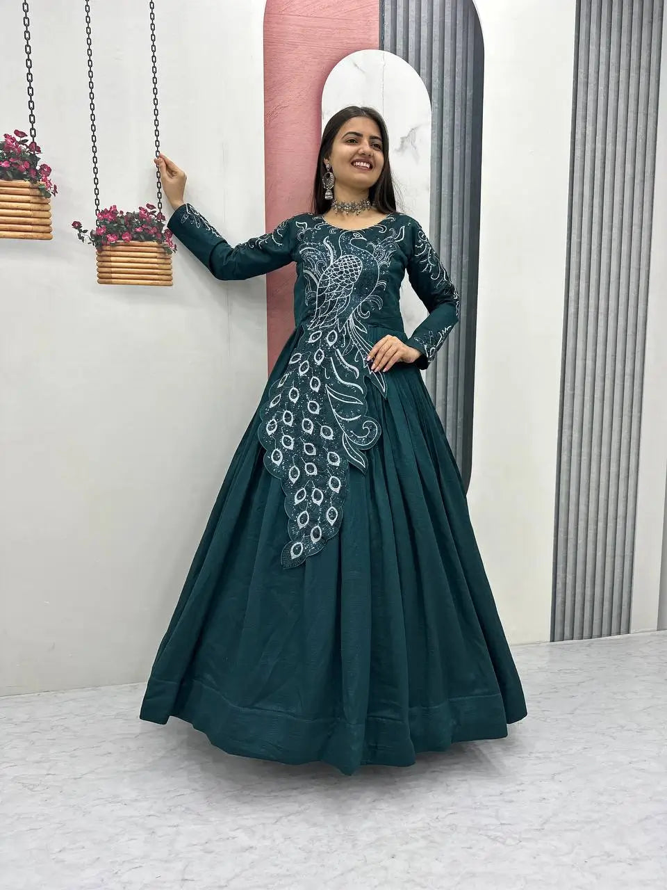 Embroidered Vichitra Silk Flared Gown for Festive and Party Wear