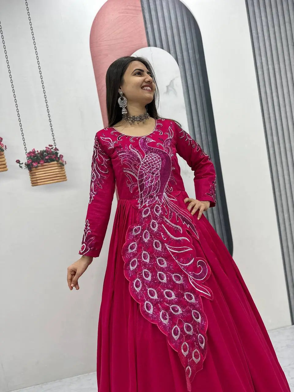 Embroidered Vichitra Silk Flared Gown for Festive and Party Wear