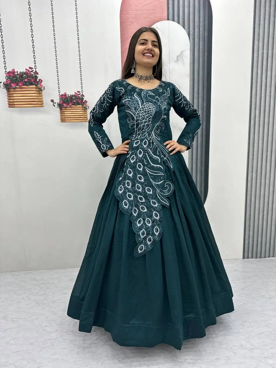 Embroidered Vichitra Silk Flared Gown for Festive and Party Wear