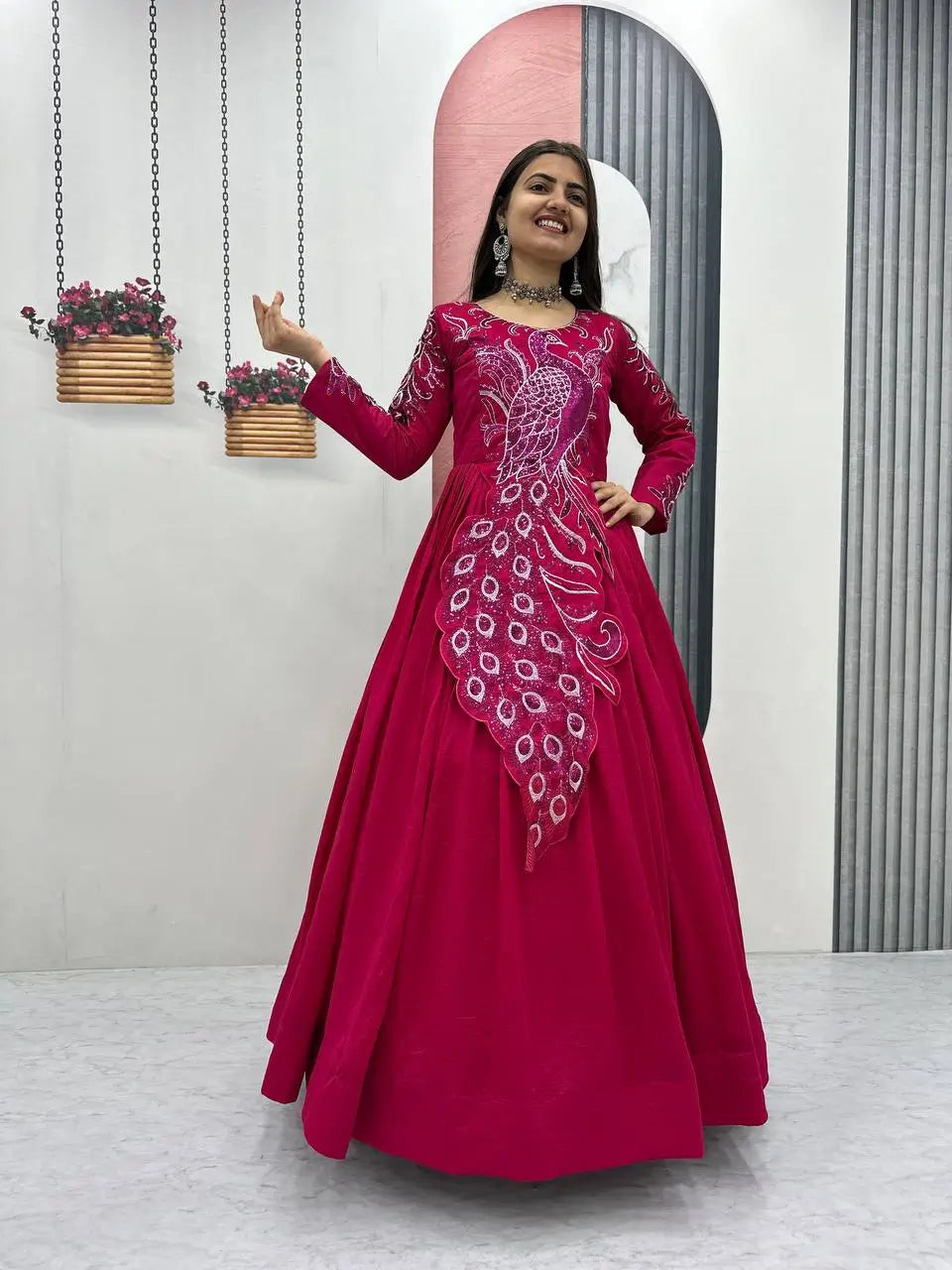 Embroidered Vichitra Silk Flared Gown for Festive and Party Wear
