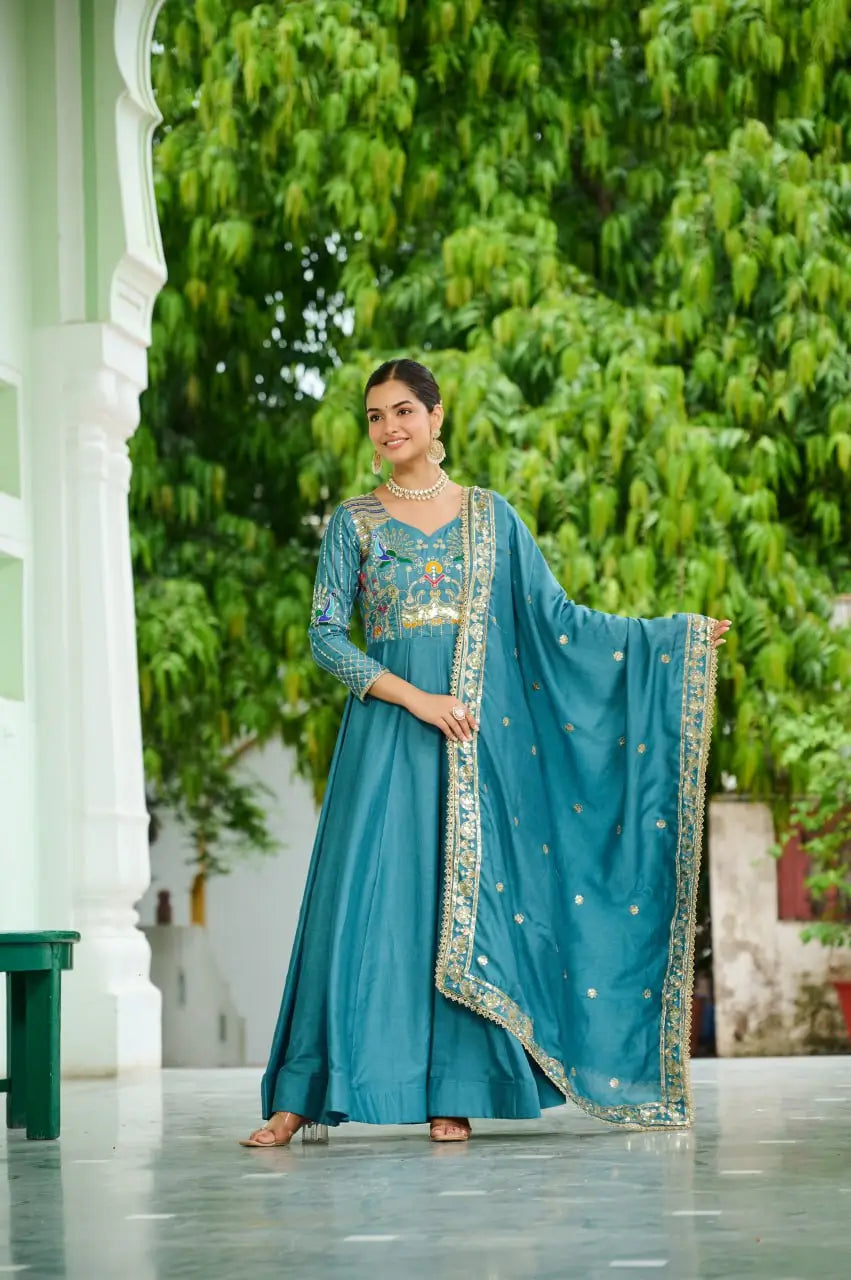 Embroidered Vichitra Silk Gown Set