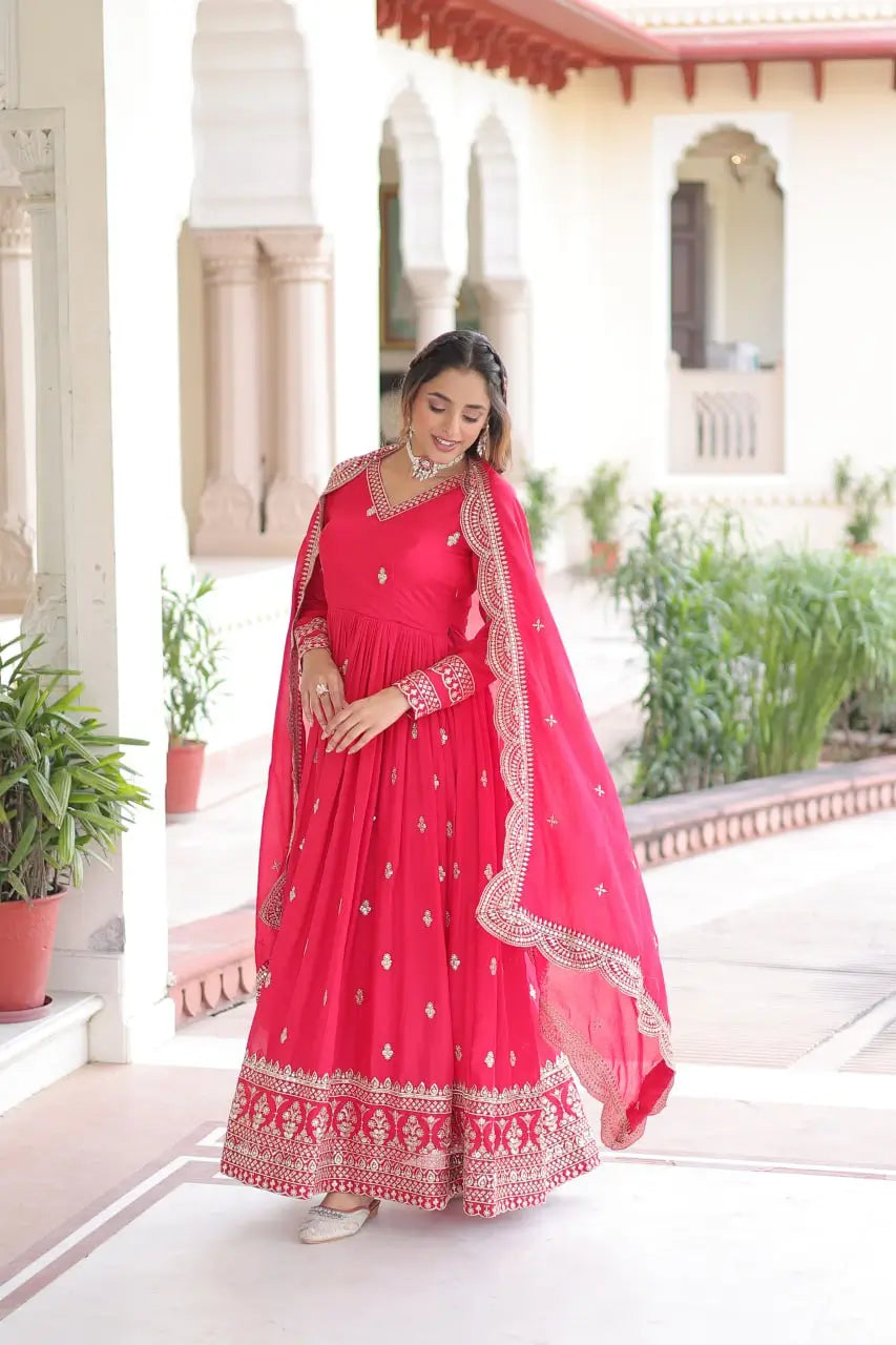 Embroidered Vichitra Silk Gown Set