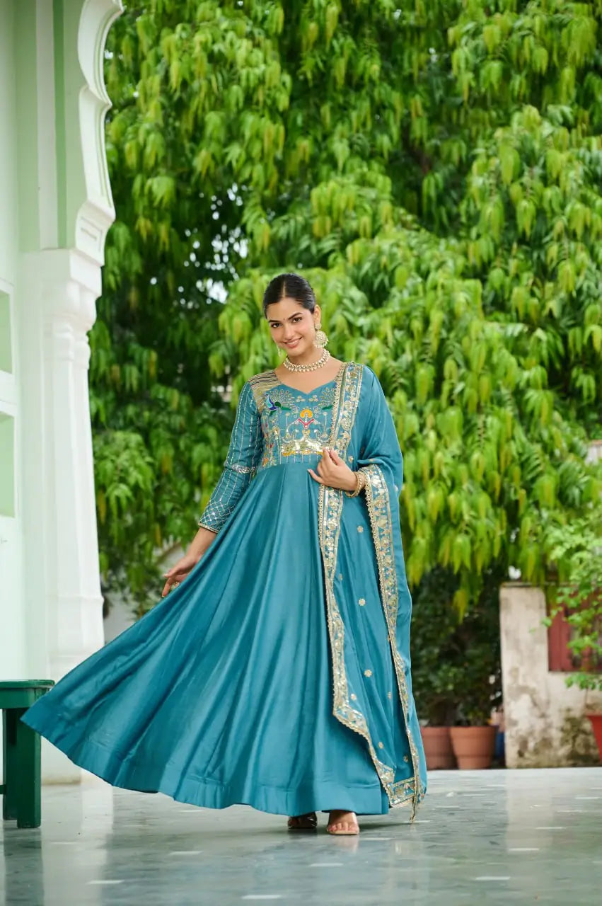 Embroidered Vichitra Silk Gown Set