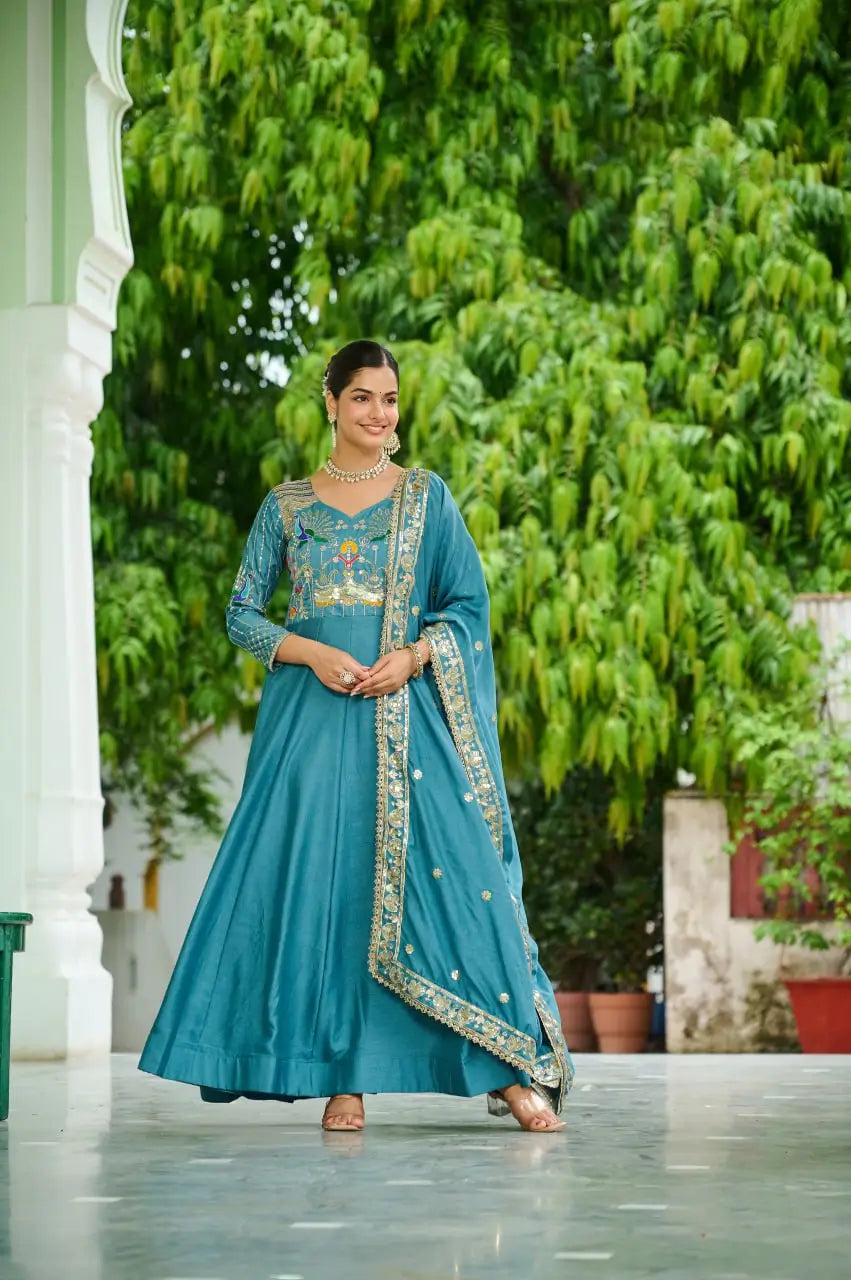 Embroidered Vichitra Silk Gown Set