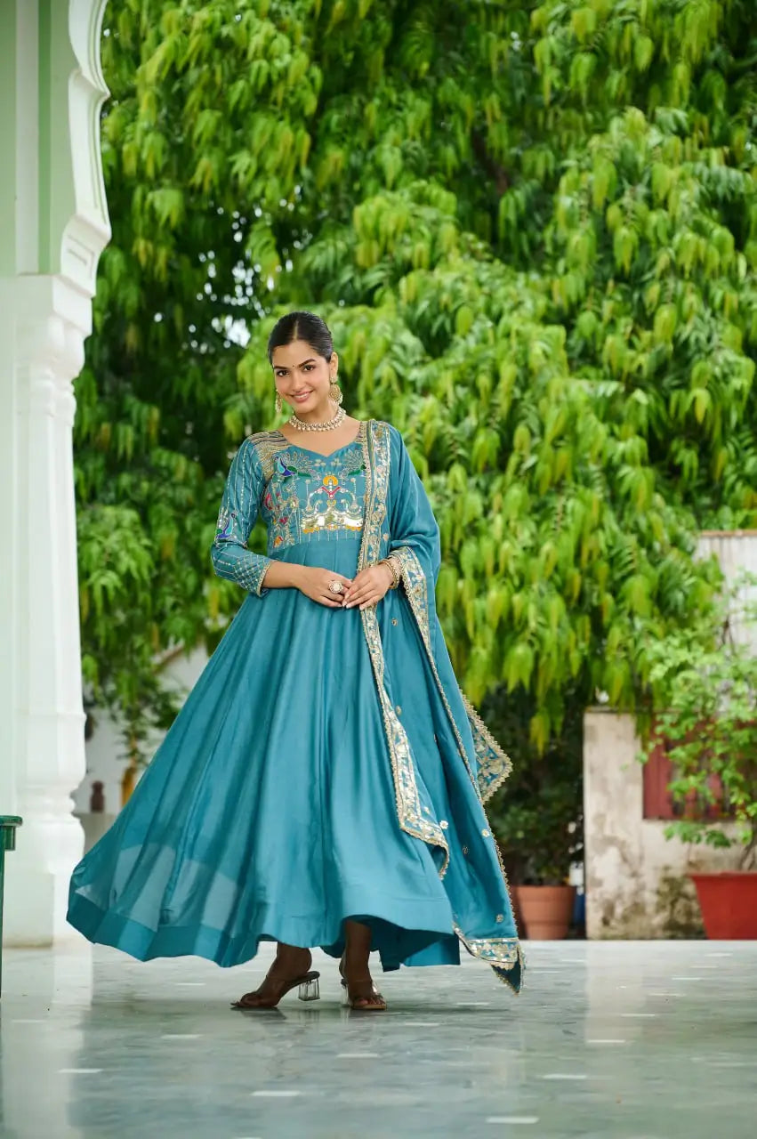 Embroidered Vichitra Silk Gown Set