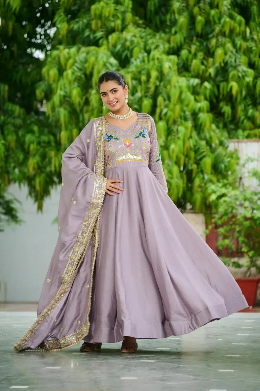 Embroidered Vichitra Silk Gown Set