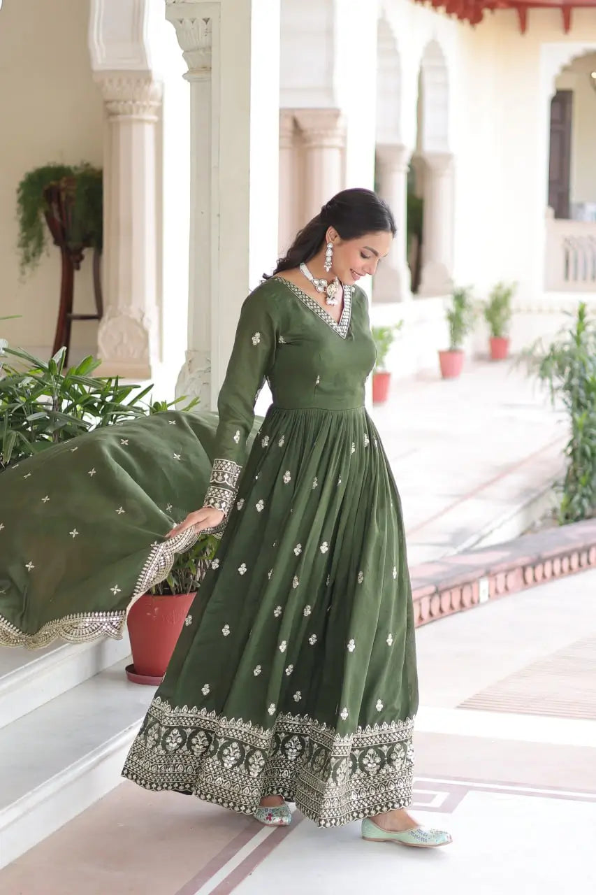 Embroidered Vichitra Silk Gown Set