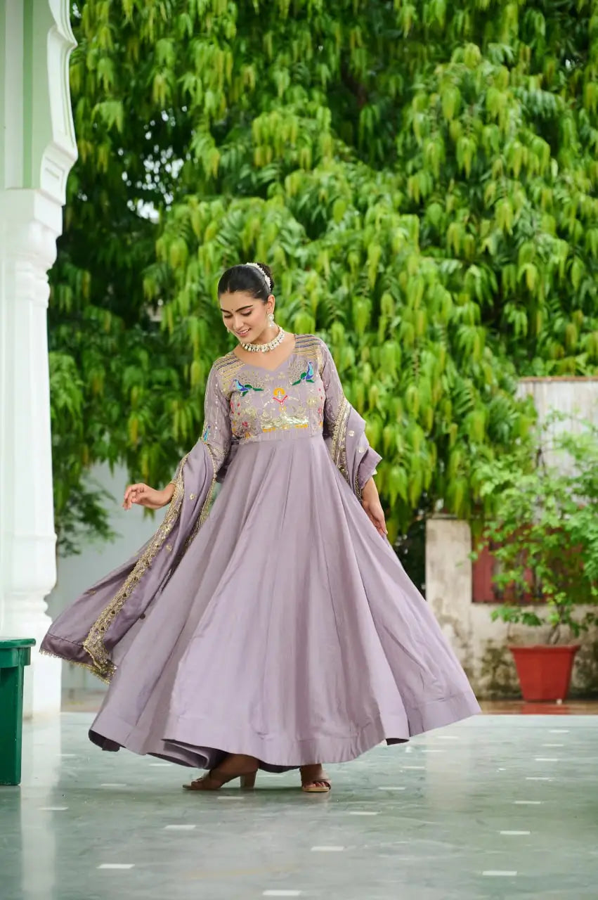 Embroidered Vichitra Silk Gown Set